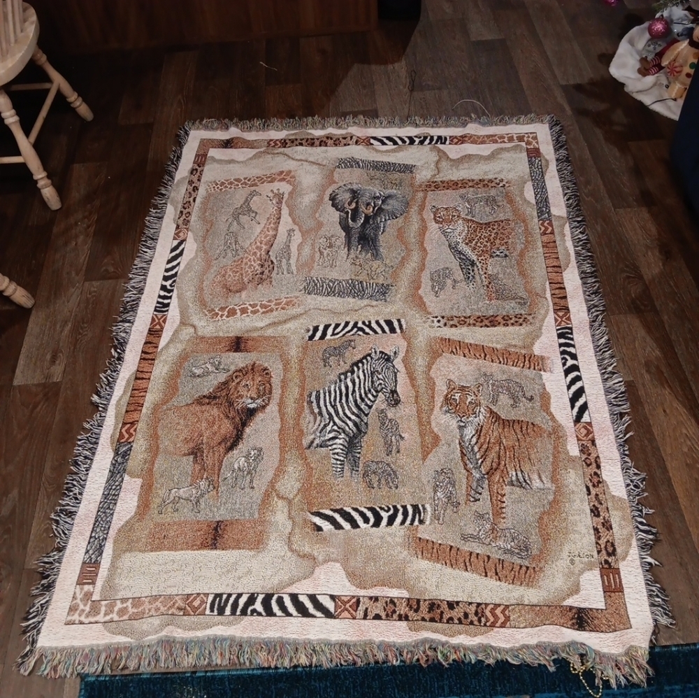 Vintage Gibson Tapestry Blanket African Animals Giraffe Zebra Lion Elephant Tige